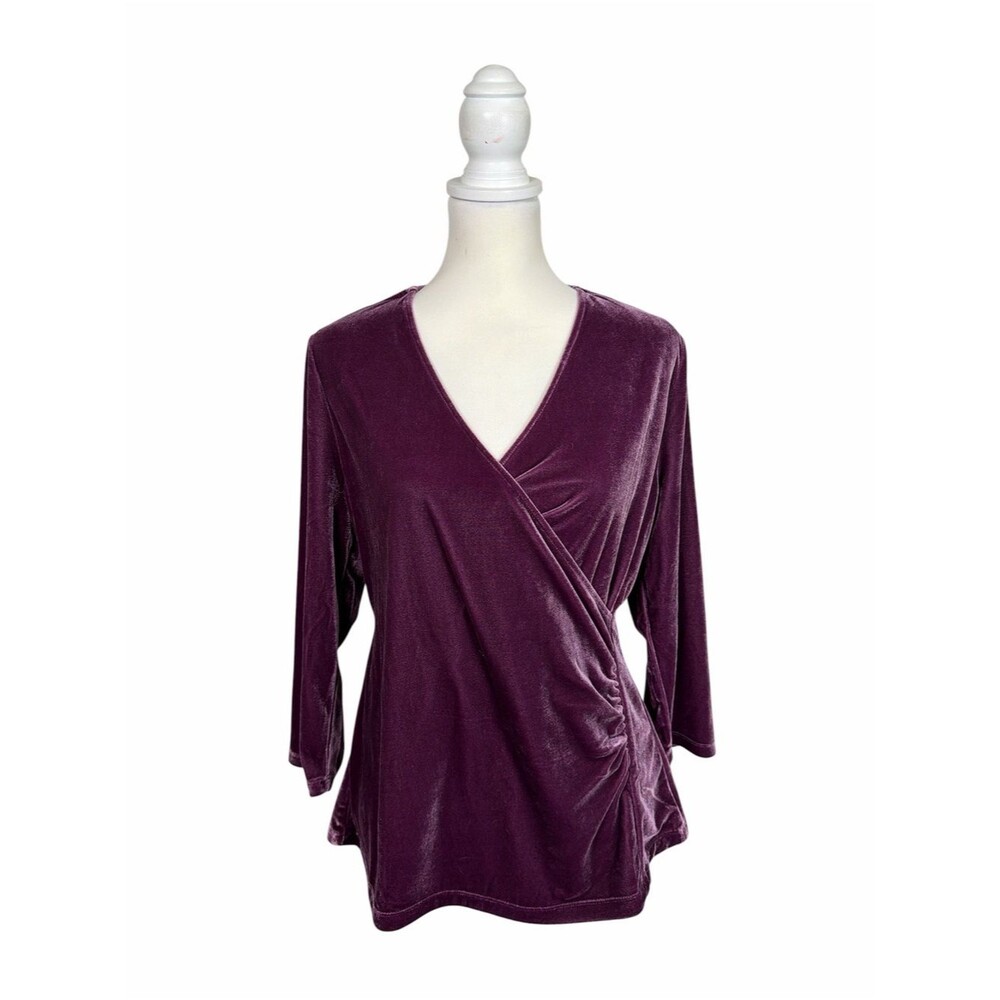 Soft Surroundings Purple Velvet Faux Wrap Top Large Ruched Stretch Velour Blouse
